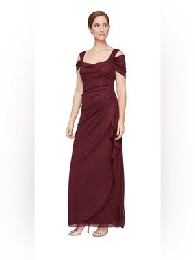 Alex Evenings Sparkling Burgundy One-Shoulder Evening Gown